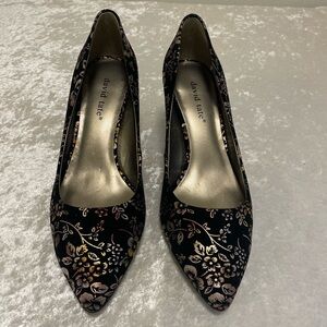 David Tate Black and mixed metals Floral Heels, size 8, 3 inch heel